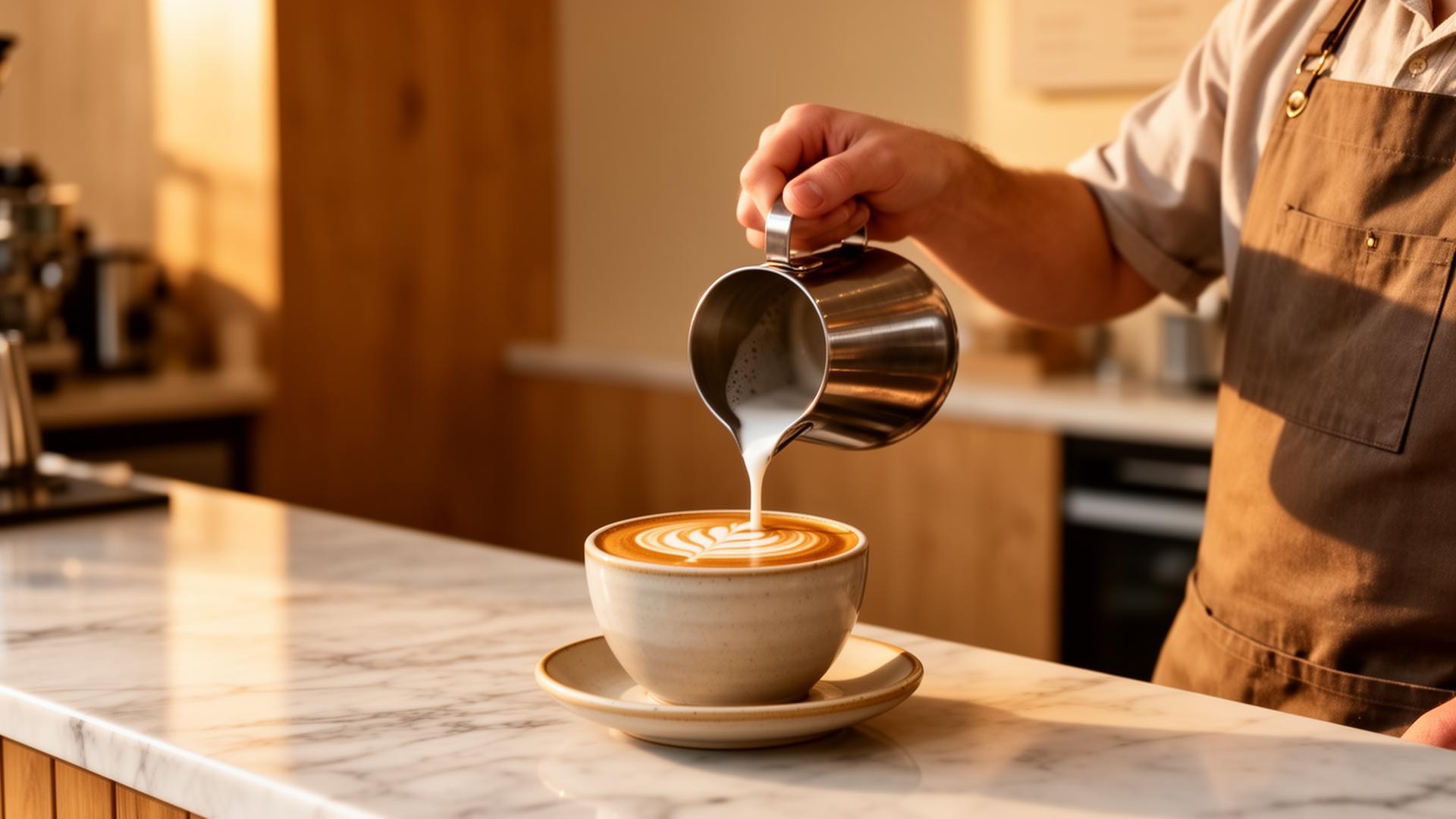 Barista pouring latte art at Cafe Trieste